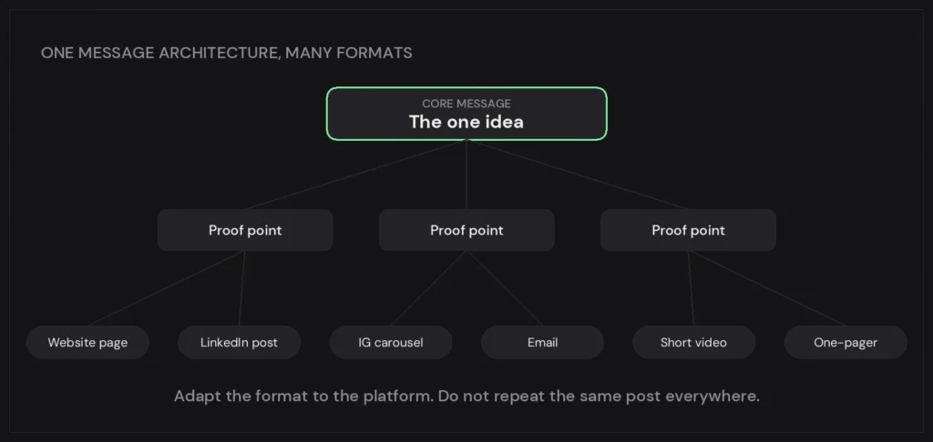 One core message architecture adapted into platform-native formats — Sunday Oladokun